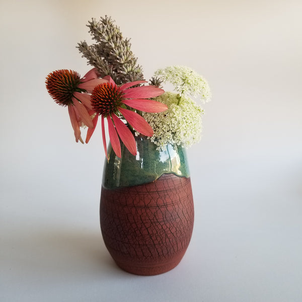 Red cracked vase flowers - little j studio - handmade portland pottery