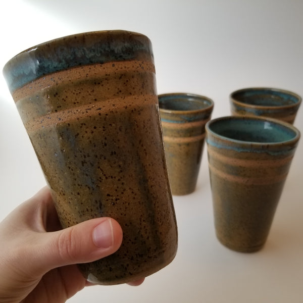 Blue-green tumbler set close in, little j studio, handmade portland pottery