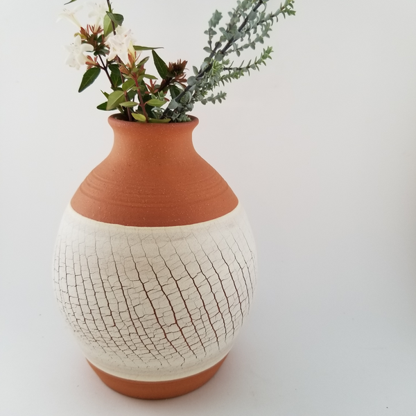 White crackle vase with flowers, little j studio, handmade portland pottery