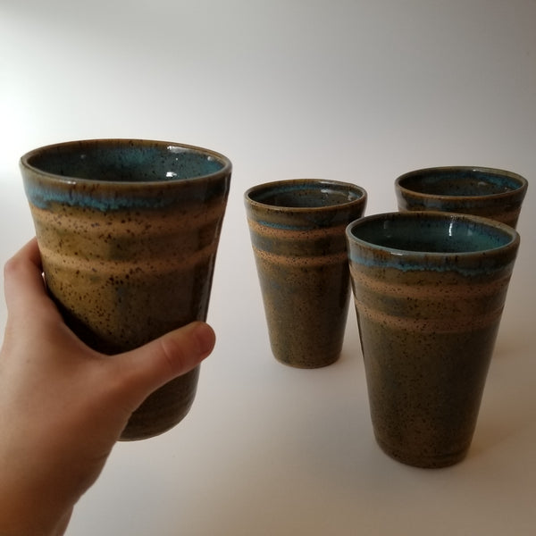 Blue-green tumbler set holding, little j studio, handmade portland pottery
